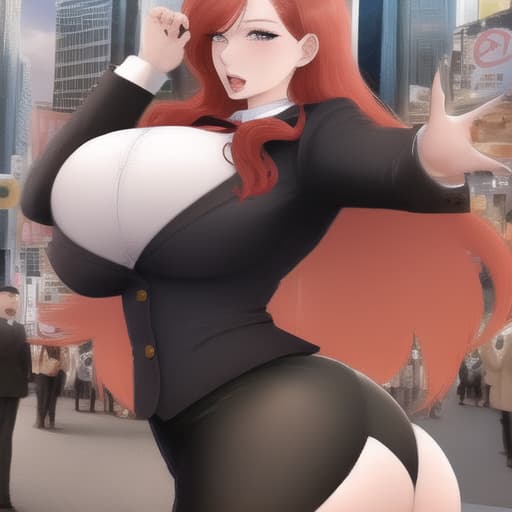  Redhead woman with thick ass and large breasts in secretary outfit posing in crowded city