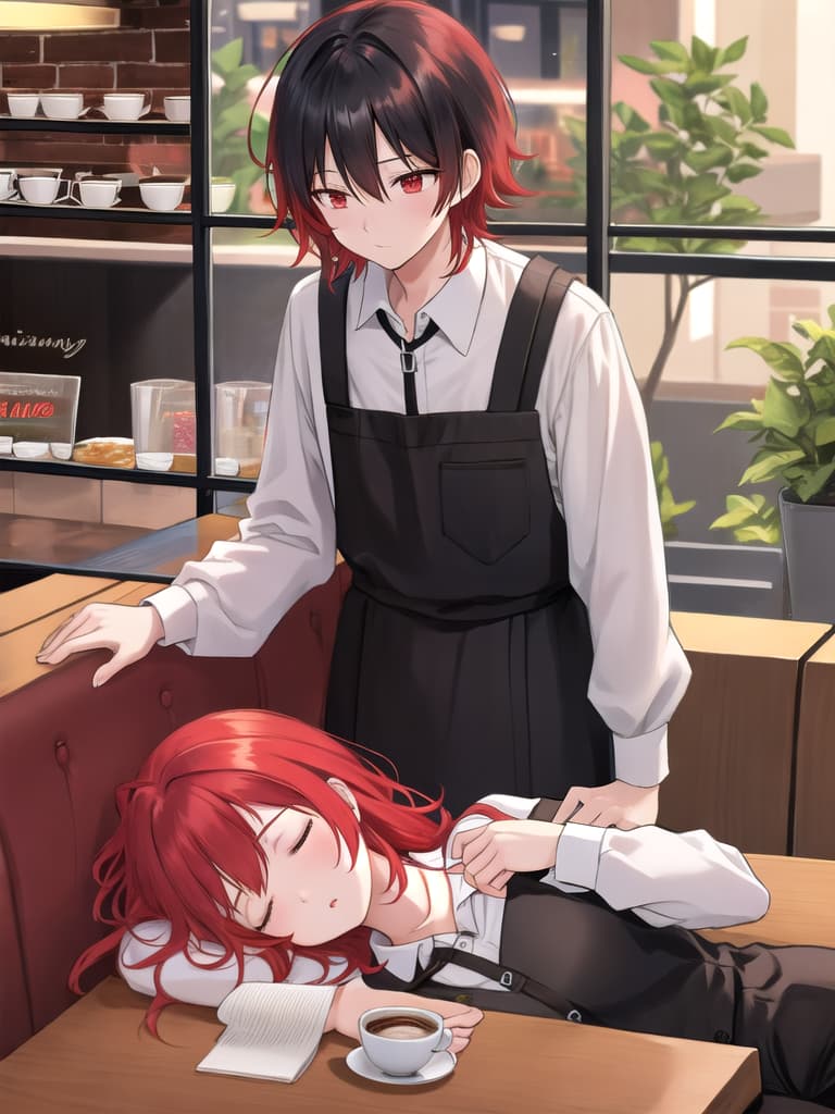  Red haired boy falls asleep on date in coffee shop with his black haired boyfriend