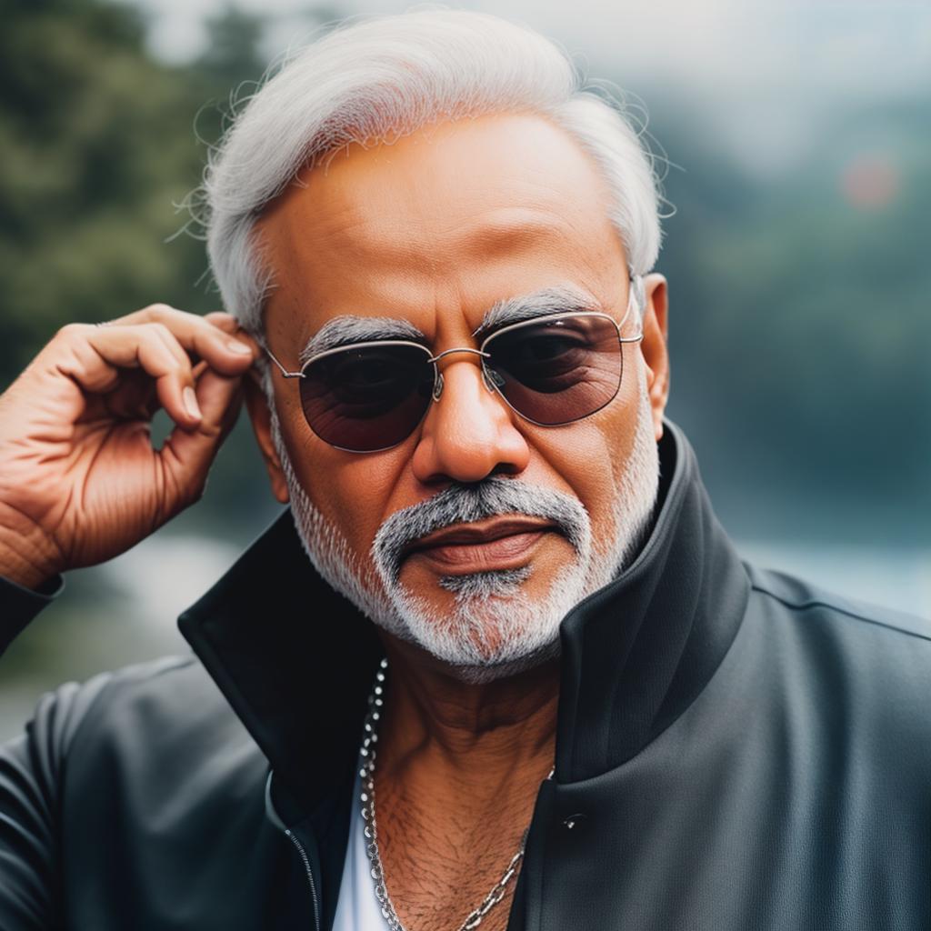  photograph of Modi in sunglasses and hoodie with chain. hyperrealistic, full body, detailed clothing, highly detailed, cinematic lighting, stunningly beautiful, intricate, sharp focus, f/1. 8, 85mm, (centered image composition), (professionally color graded), ((bright soft diffused light)), volumetric fog, trending on instagram, trending on tumblr, HDR 4K, 8K