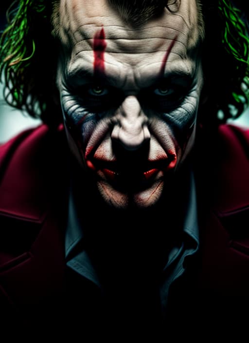  Hyper realistic, dark gore, horror, demented, twisted reality, DC comic, Full body, Superman tearing flesh away with his hands his face and chest peeling off revealing Heath Ledger as the Joker. Full color photorealism cinematic lighting ""