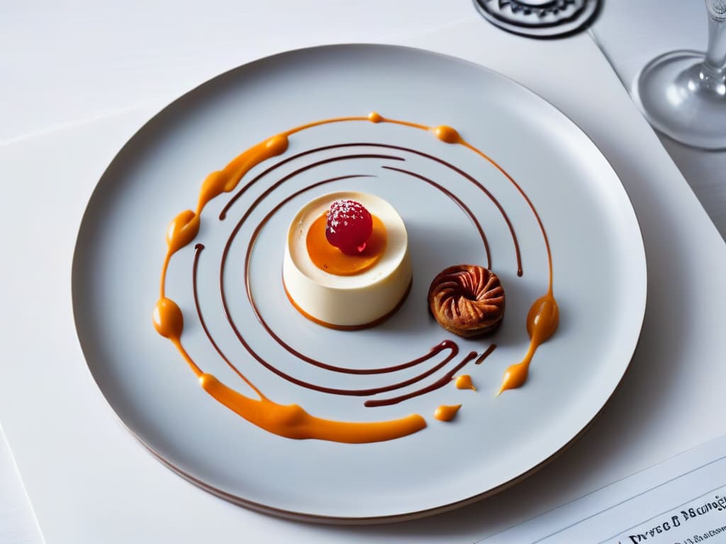  An image of a single, perfectly crafted dessert placed on a sleek, modern plate. The dessert is a work of art, with precise lines and elegant swirls of sauce. The plate sits on a minimalist table setting, with subtle lighting that highlights the dessert's intricate details. The background is blurred to keep the focus solely on the exquisite dessert, showcasing the epitome of minimalist culinary artistry. hyperrealistic, full body, detailed clothing, highly detailed, cinematic lighting, stunningly beautiful, intricate, sharp focus, f/1. 8, 85mm, (centered image composition), (professionally color graded), ((bright soft diffused light)), volumetric fog, trending on instagram, trending on tumblr, HDR 4K, 8K