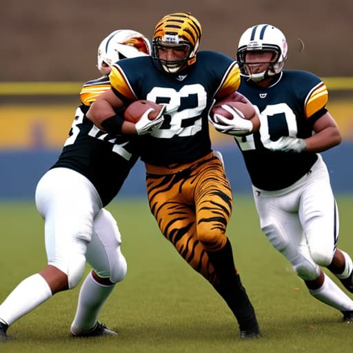  Tiger human in jersey number 2 playing football and getting tackled