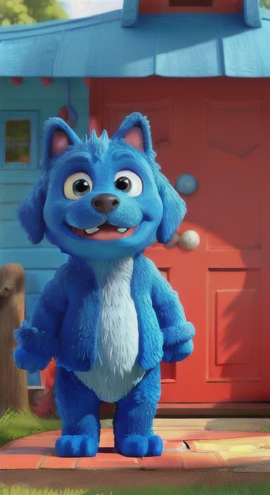  {Max the big blue dog standing in front of a cozy little house with a red door, The big blue dog is large with sky blue fur, big round eyes, a black nose, and floppy ears.