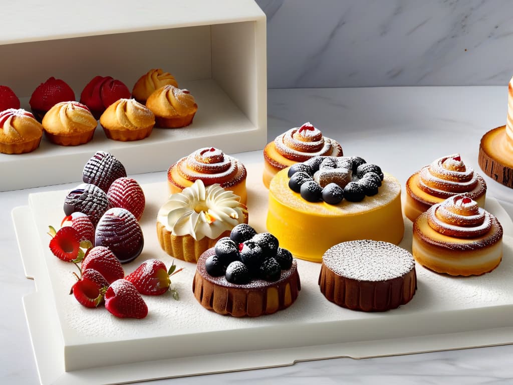  A highresolution, minimalist image featuring an array of delicately decorated pastries and cakes on a sleek, marble countertop. The pastries are meticulously crafted with intricate details, showcasing a variety of colors and textures that highlight the artistry of baking. Each dessert is elegantly presented with a dusting of powdered sugar and fresh berries, exuding a sense of sophistication and culinary expertise. The image captures the essence of the iconic recipes inspired by *The Great British Bake Off*, inviting viewers to explore the world of exquisite pastry creations. hyperrealistic, full body, detailed clothing, highly detailed, cinematic lighting, stunningly beautiful, intricate, sharp focus, f/1. 8, 85mm, (centered image composition), (professionally color graded), ((bright soft diffused light)), volumetric fog, trending on instagram, trending on tumblr, HDR 4K, 8K