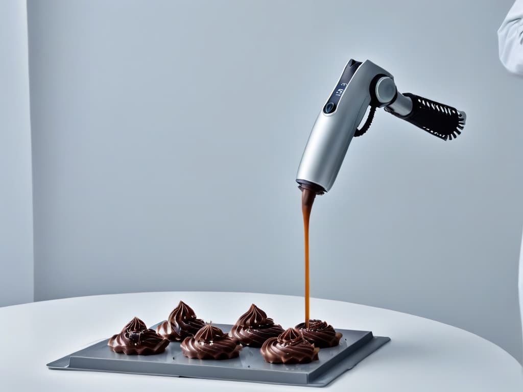  An ultradetailed image of a sleek, futuristic robotic arm delicately pouring liquid chocolate into intricate molds, with precision and grace. The metallic arm is set against a stark white background, emphasizing its advanced technology and the artistry of chocolatemaking. hyperrealistic, full body, detailed clothing, highly detailed, cinematic lighting, stunningly beautiful, intricate, sharp focus, f/1. 8, 85mm, (centered image composition), (professionally color graded), ((bright soft diffused light)), volumetric fog, trending on instagram, trending on tumblr, HDR 4K, 8K