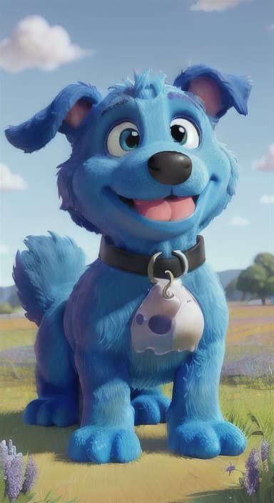  {A happy, big blue dog wagging its tail in a colorful meadow, The big blue dog is large with sky blue fur, big round eyes, a black nose, and floppy ears.