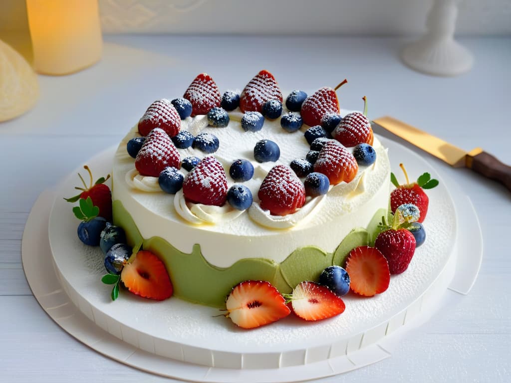  A detailed, photorealistic image of a vibrant Pavlova de bayas y kiwi dessert placed elegantly on a white, decorative plate. The dessert is adorned with a generous amount of fresh, colorful berries like strawberries, blueberries, and raspberries, along with slices of ripe kiwi. The meringue base is perfectly baked to a light golden hue, with a delicate crisp exterior and a soft, fluffy interior. The dessert is finished with a sprinkle of powdered sugar on top, creating a visually appealing and appetizing treat that embodies freshness and elegance. hyperrealistic, full body, detailed clothing, highly detailed, cinematic lighting, stunningly beautiful, intricate, sharp focus, f/1. 8, 85mm, (centered image composition), (professionally color graded), ((bright soft diffused light)), volumetric fog, trending on instagram, trending on tumblr, HDR 4K, 8K