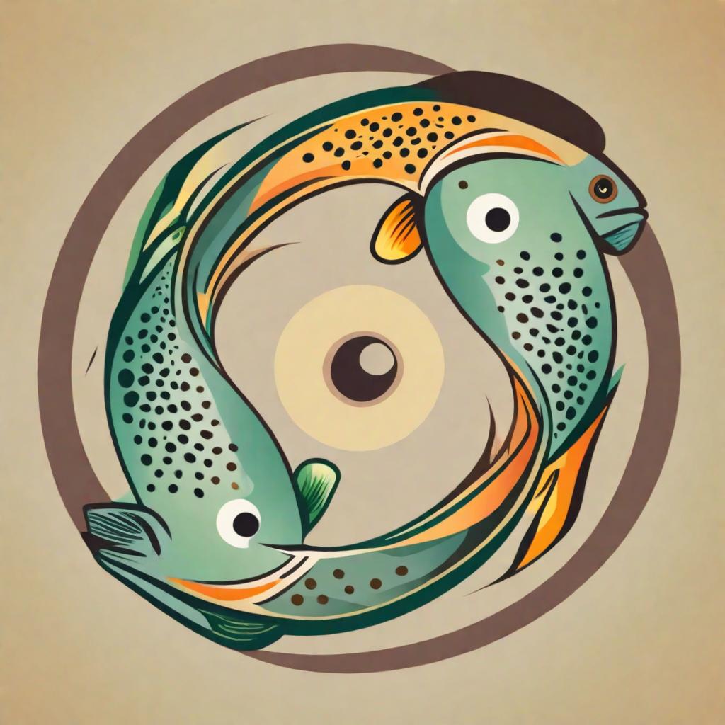  Yin and Yang symbol with trout fish, radially symmetrical, muted colors, brown, gold, green, app icon