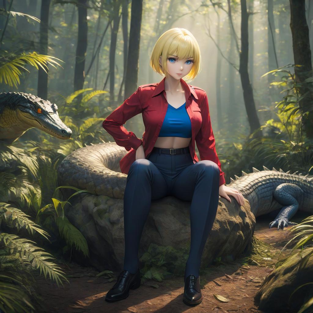  Anime girl mafia, in trousers, red shirt, blue eyes, yellow white short hair, sits, tail, crocodiles, in the forest without people. hyperrealistic, full body, detailed clothing, highly detailed, cinematic lighting, stunningly beautiful, intricate, sharp focus, f/1. 8, 85mm, (centered image composition), (professionally color graded), ((bright soft diffused light)), volumetric fog, trending on instagram, trending on tumblr, HDR 4K, 8K