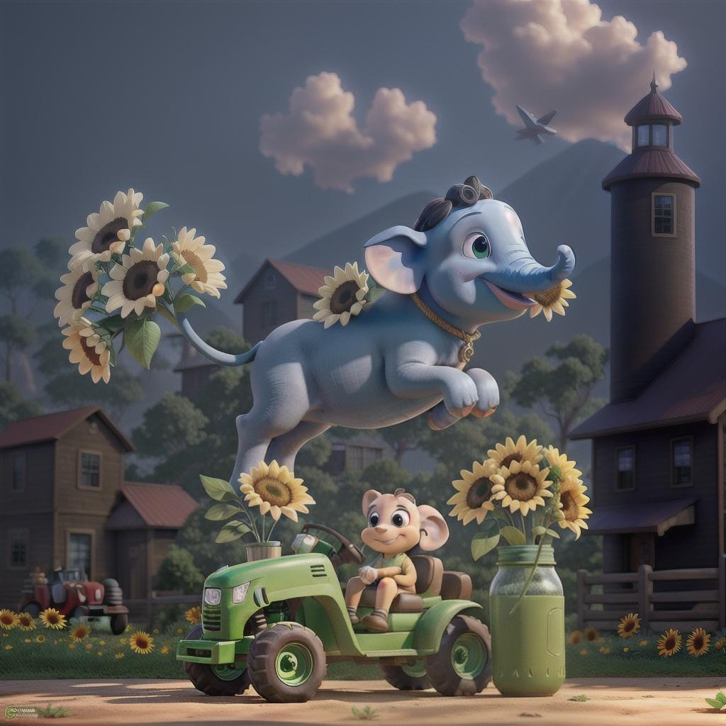  A cartoon elephant riding on a John Deere tractor and holding a mason jar with sunflowers and blue carnations while looking at a airplane in the sky hyperrealistic, full body, detailed clothing, highly detailed, cinematic lighting, stunningly beautiful, intricate, sharp focus, f/1. 8, 85mm, (centered image composition), (professionally color graded), ((bright soft diffused light)), volumetric fog, trending on instagram, trending on tumblr, HDR 4K, 8K