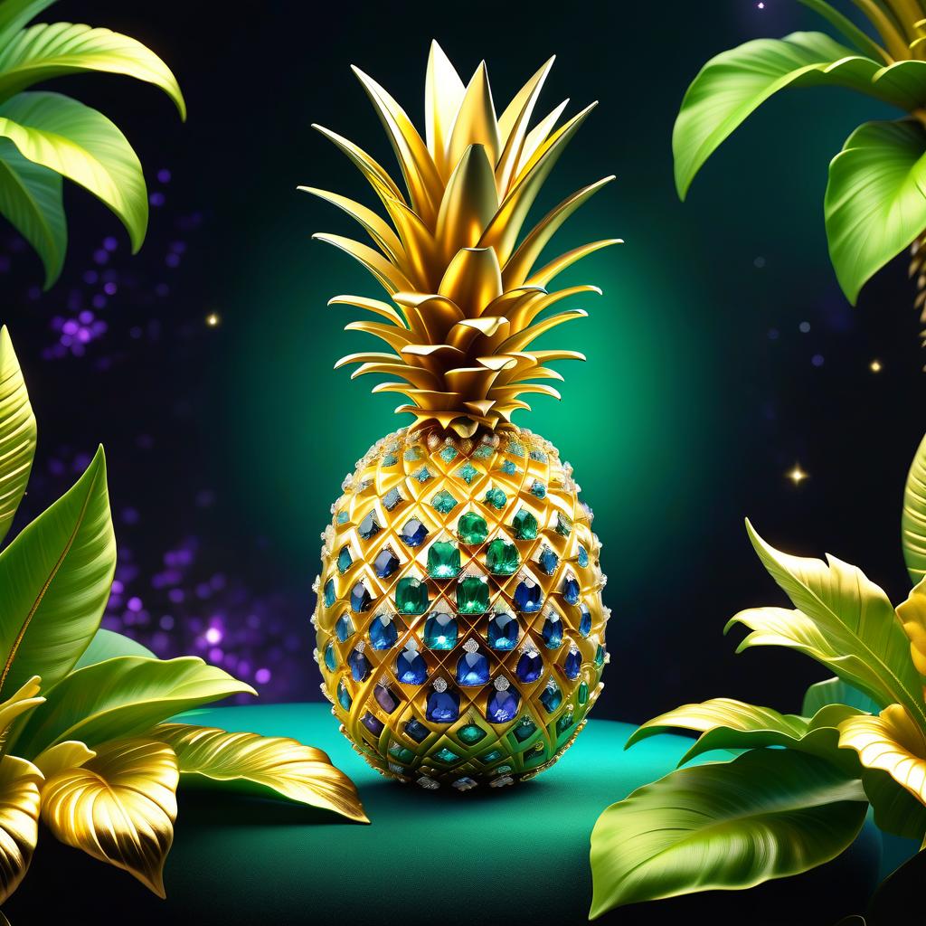  ethereal fantasy concept art of ( Frame): made of gold and diamond chains with pendants of blue stones framed by small diamonds. (Pineapple): gold jewellery in the shape of a pineapple fruit decorated with amethyst inlays. The leaves are green coloured emeralds. On the left side the pineapple is framed by golden petunia flowers. (Background): night sky with shining golden stars and shards of diamonds, blue stones and amethysts. At the bottom and top of the background are three decorative thin gold stripes. . magnificent, celestial, ethereal, painterly, epic, majestic, magical, fantasy art, cover art, dreamy hyperrealistic, full body, detailed clothing, highly detailed, cinematic lighting, stunningly beautiful, intricate, sharp focus, f/1. 8, 85mm, (centered image composition), (professionally color graded), ((bright soft diffused light)), volumetric fog, trending on instagram, trending on tumblr, HDR 4K, 8K