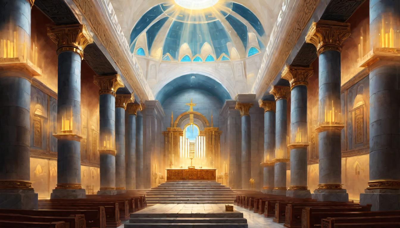  digital painting of Inside the Temple, the Ark of the Covenant ensconced in divine light, embodiment of Jewish covenant, zenith of spiritual architecture, sacred centerpiece looking at viewer, dynamic pose, (intricate details, masterpiece, best quality)