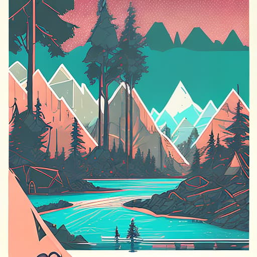 nvinkpunk Whimsical mountains with trees, water, and camping