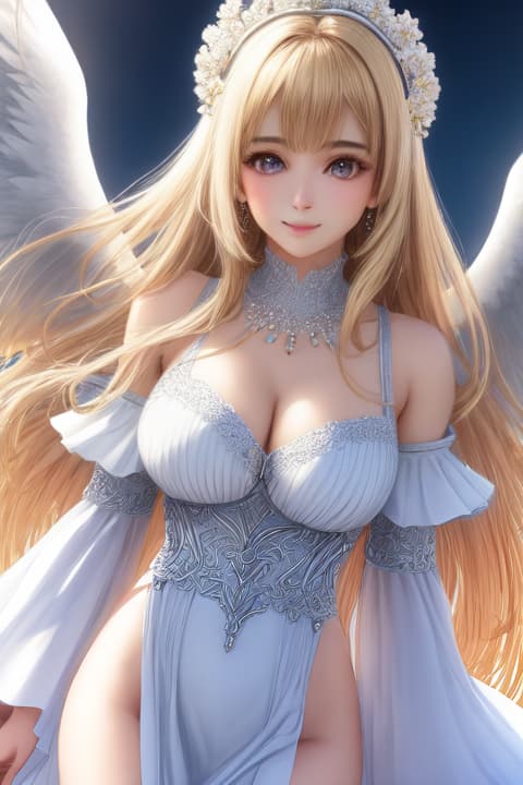  , 1, , (photo realistic body shot)+, (centered in frame)+, symmetrical face, cute, highly detail eyes, highly detailed face, (both eyes are the same)+, ideal huma, f8, photography, ultra details, Global illumination, soft light, dream light, color photo, neckline,  dress, ((angel))+++, angel wings, , fantasy world, blond hair