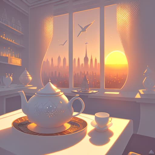 in OliDisco style Futuristic style. Deck of cards and cup of tea over white table. Sunset through a window with a city view. White and soft tones.