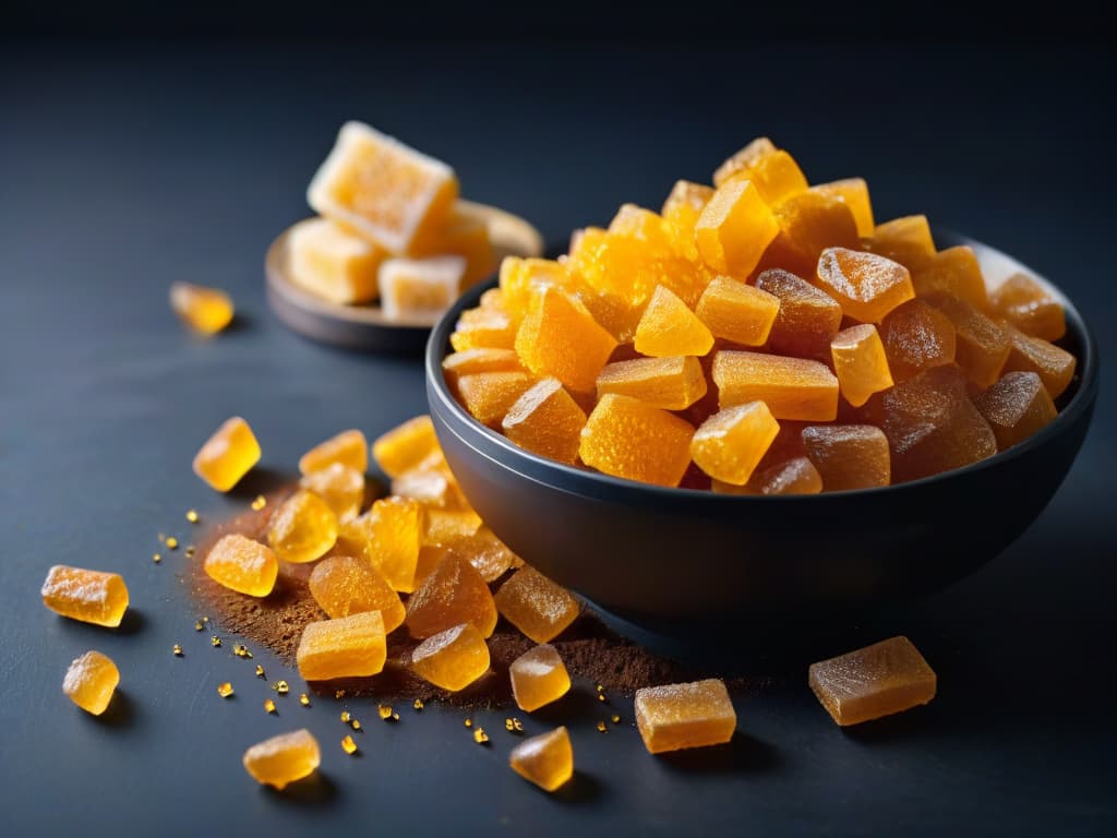  An ultradetailed image capturing the intricate golden crystals of demerara sugar, glistening under a soft light against a stark black background. Each crystal is perfectly showcased, reflecting the light in a mesmerizing display of texture and color, inviting the viewer to appreciate the beauty and uniqueness of this exotic sugar variety. hyperrealistic, full body, detailed clothing, highly detailed, cinematic lighting, stunningly beautiful, intricate, sharp focus, f/1. 8, 85mm, (centered image composition), (professionally color graded), ((bright soft diffused light)), volumetric fog, trending on instagram, trending on tumblr, HDR 4K, 8K