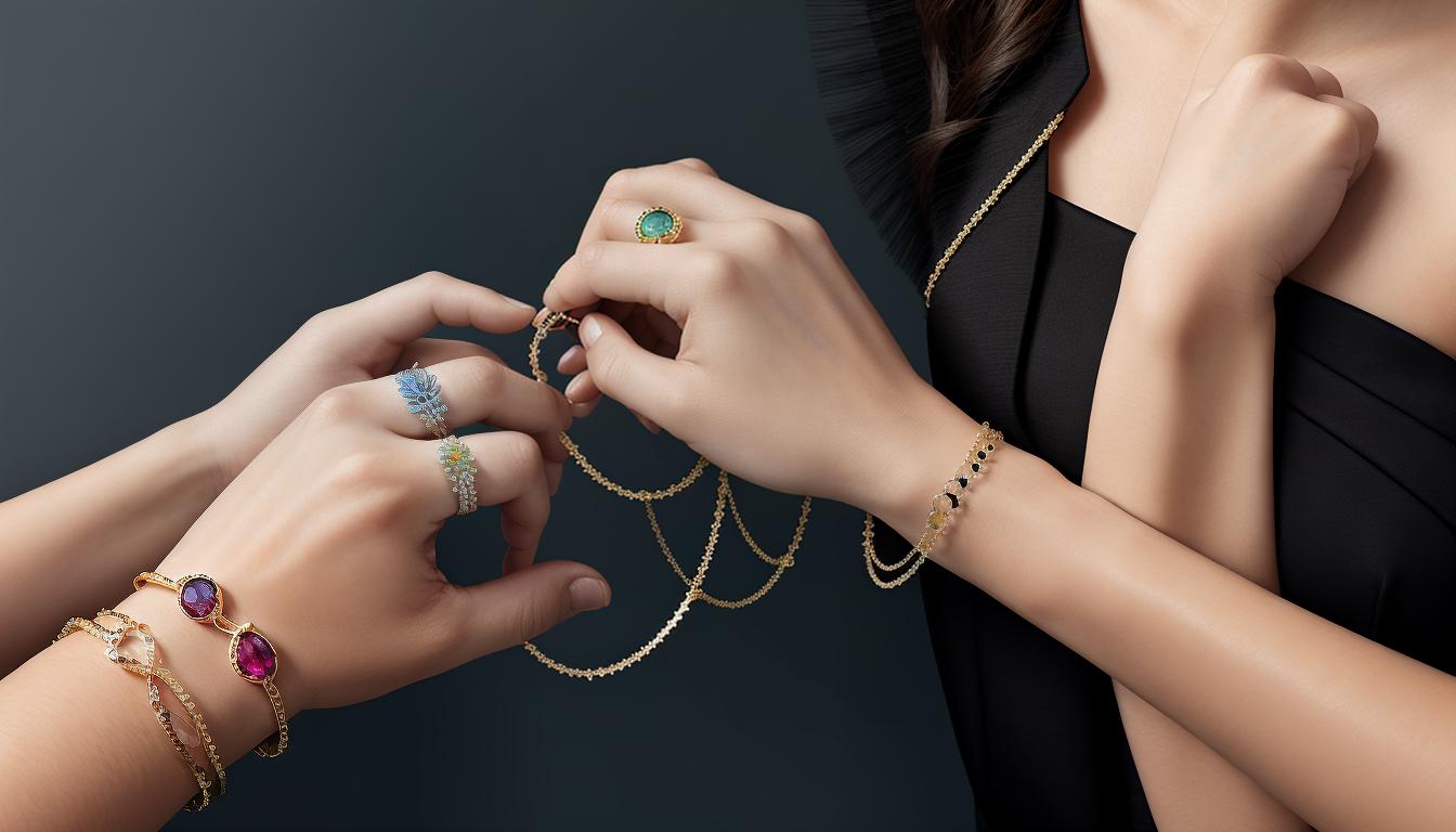  digital illustration, two intertwined rings with different gemstones, connected hands in the background, symbolizing union and partnership, elegant, harmonious, looking at viewer, dynamic pose, (intricate details, masterpiece, best quality)