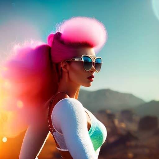 redshift style Mid shot of a Tall Woman with high top pastel coloured fluffy fairy floss like hair and lollipop like sunglasses holding a giant lollipop in a fantasy style candy world, soft retro style, studio quality, epic masterpiece, trending on artstation, wispy, whimsical, magical, cinematic lighting, 8 k octane detailed render, modern, victoria's secret hyperrealistic, full body, detailed clothing, highly detailed, cinematic lighting, stunningly beautiful, intricate, sharp focus, f/1. 8, 85mm, (centered image composition), (professionally color graded), ((bright soft diffused light)), volumetric fog, trending on instagram, trending on tumblr, HDR 4K, 8K