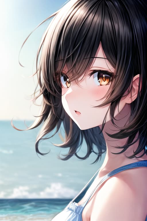  cute anime girl on beach,short black hair,brown eyes,t-front,girl, masterpiece, best quality, extremely detailed background, illustration, beautiful detailed, dramatic light, gorgeous eyes, solo