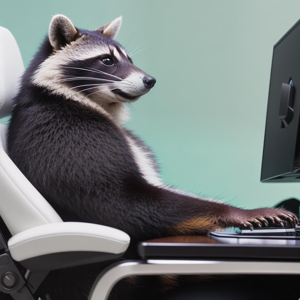  raccoon sitting in gaming chair front a computer on desktop, ((semi anthropomorphic)),(full body), tail, belly, sitting, fat, (chubby), (((white background))), solo, desktop, gaming chair, side view,  [[[clothes]]] hyperrealistic, full body, detailed clothing, highly detailed, cinematic lighting, stunningly beautiful, intricate, sharp focus, f/1. 8, 85mm, (centered image composition), (professionally color graded), ((bright soft diffused light)), volumetric fog, trending on instagram, trending on tumblr, HDR 4K, 8K