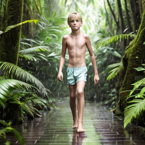  handsome thin graceful 12y blond boy walking barefoot through the rain forest, wearing only small skimpy trunks