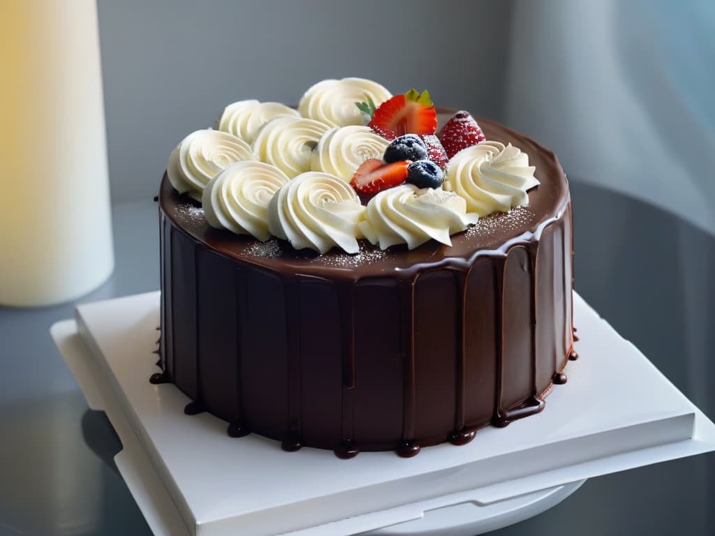  A closeup, ultradetailed image of a delicate, intricate swirl of glossy white glaze cascading over a perfectly smooth chocolate cake, highlighting the precise technique and artistry involved in creative dessert decoration. The glaze reflects the soft ambient light, creating a mesmerizing play of shadows and highlights on the dessert's surface, showcasing the beauty and elegance of a wellexecuted glazing technique. hyperrealistic, full body, detailed clothing, highly detailed, cinematic lighting, stunningly beautiful, intricate, sharp focus, f/1. 8, 85mm, (centered image composition), (professionally color graded), ((bright soft diffused light)), volumetric fog, trending on instagram, trending on tumblr, HDR 4K, 8K