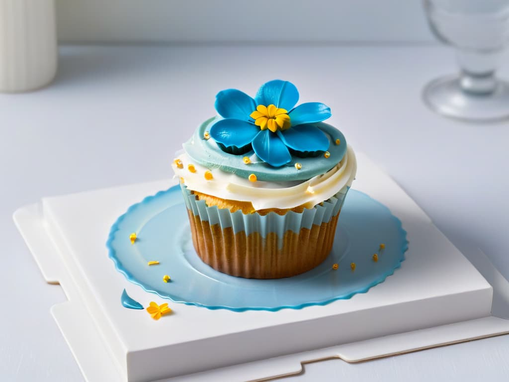  A closeup, ultradetailed image of a perfectly frosted cupcake, topped with delicate sprinkles and a small edible flower, displayed on a sleek, modern white plate with subtle geometric patterns. The frosting is smooth and glossy, reflecting the soft ambient light, showcasing the intricate details and craftsmanship of the dessert. The colors are pastel and harmonious, creating a visually appealing and appetizing composition that highlights the artistry and precision involved in pastry creation. hyperrealistic, full body, detailed clothing, highly detailed, cinematic lighting, stunningly beautiful, intricate, sharp focus, f/1. 8, 85mm, (centered image composition), (professionally color graded), ((bright soft diffused light)), volumetric fog, trending on instagram, trending on tumblr, HDR 4K, 8K