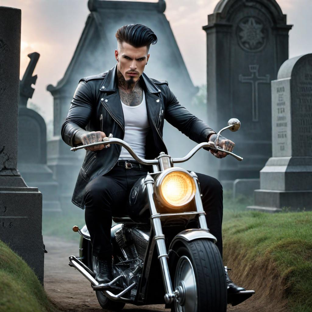  Create an image of an with the body of a , tattooed, riding a big wheel tricycle through a graveyard. The has a greaser-style haircut. hyperrealistic, full body, detailed clothing, highly detailed, cinematic lighting, stunningly beautiful, intricate, sharp focus, f/1. 8, 85mm, (centered image composition), (professionally color graded), ((bright soft diffused light)), volumetric fog, trending on instagram, trending on tumblr, HDR 4K, 8K