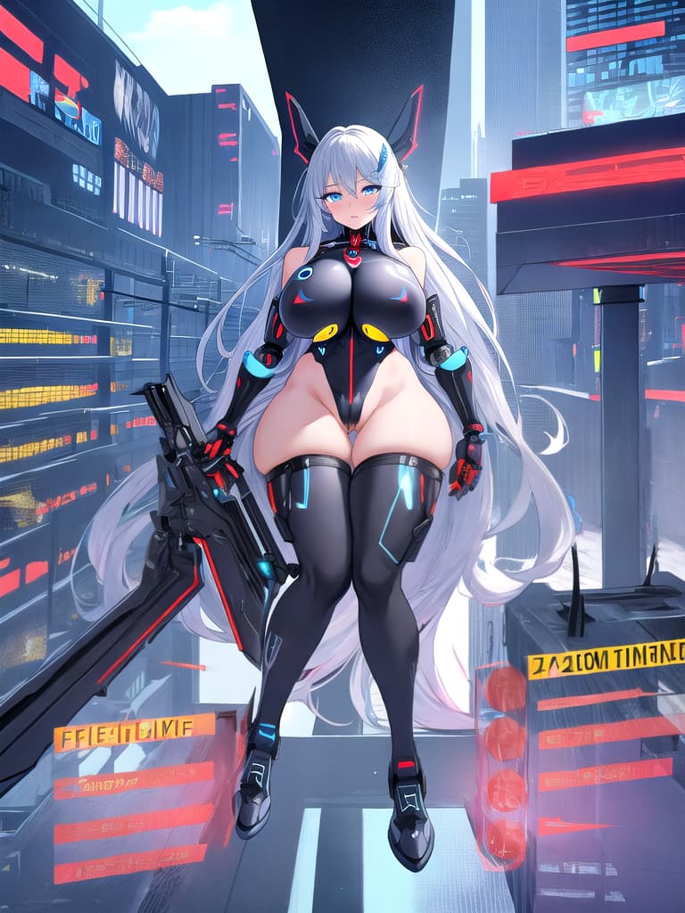  NSFW, extreme detail, transgender scifi, robot, future city background, extreme beautiful detailed eyes, vibrant colors, technology, grey armor, robot with gigantic breast and large ass blue eyes seductive full metal body thick thighs  spread legs, nude, exposed nipples, gigantic horse cock in-between legs spewing cum sci-fi