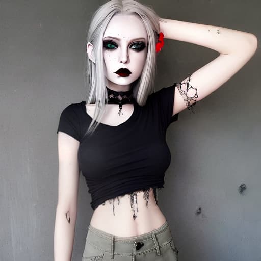  1girl, silver hair, green eyes, grey T-shirt, red saggy pants, Gothic makeup