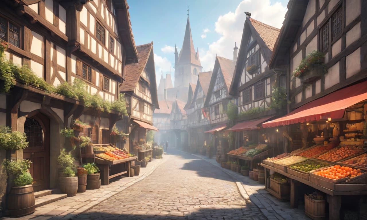  anime artwork Medieval street during the day with half timbered houses and a market. . anime style, key visual, vibrant, studio anime, highly detailed hyperrealistic, full body, detailed clothing, highly detailed, cinematic lighting, stunningly beautiful, intricate, sharp focus, f/1. 8, 85mm, (centered image composition), (professionally color graded), ((bright soft diffused light)), volumetric fog, trending on instagram, trending on tumblr, HDR 4K, 8K