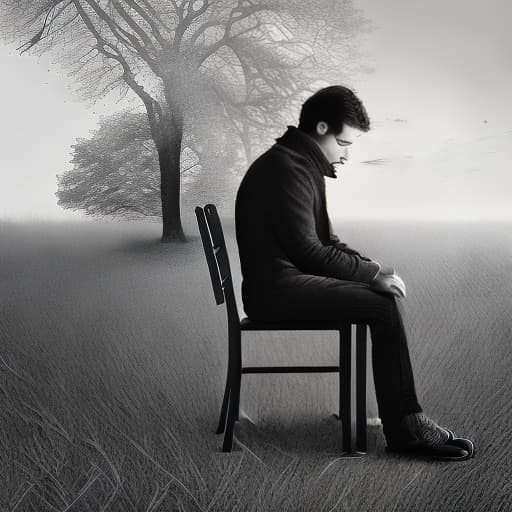 dublex style hd, b&w, drawing, sitting and thinking man in a chair, a cozy room around, wearing glasses, nature inside the man