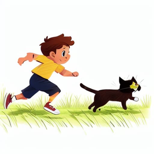  a boy is runnig, a cat following