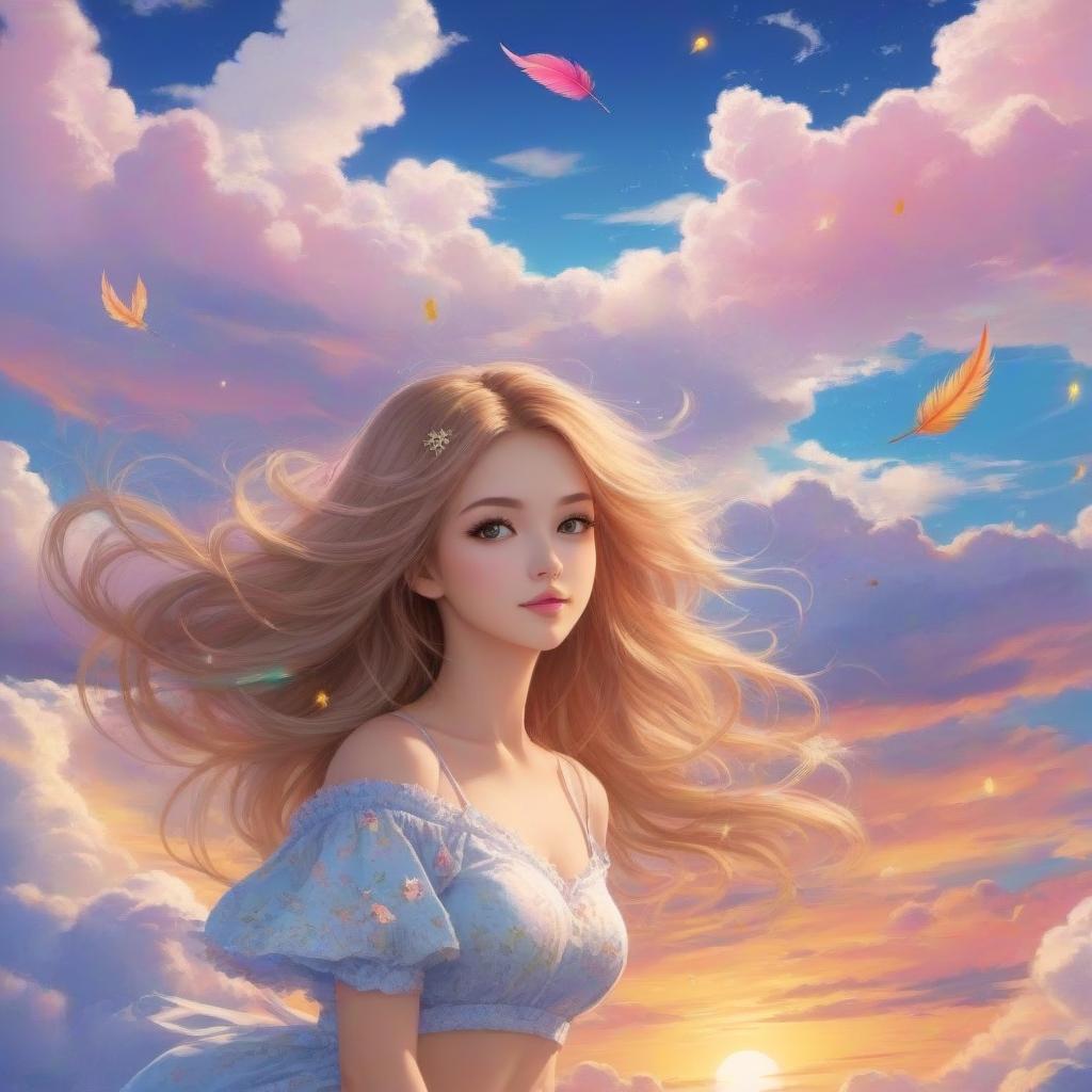  anime girl, jumping in the sky, beautiful colorful clouds, heavenly space, loose hair, colorful hair, bright feather decorations, plump lips, large detailed eyes, dreamy, mesmerizing, solid figure floating in heavenly space