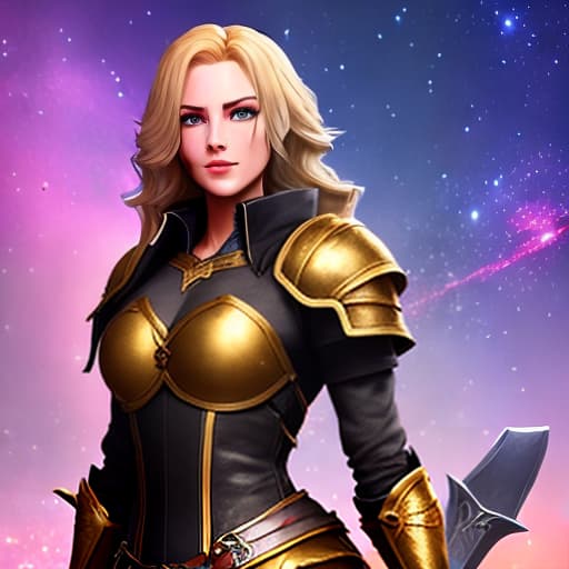  Young woman with golden hair and a small, athletic build. Her eyes are a mix of purple and blue that make them look like galaxies. She is dressed in flattering leather armor with her hair wild and free. In her right hand is a blazing sword.