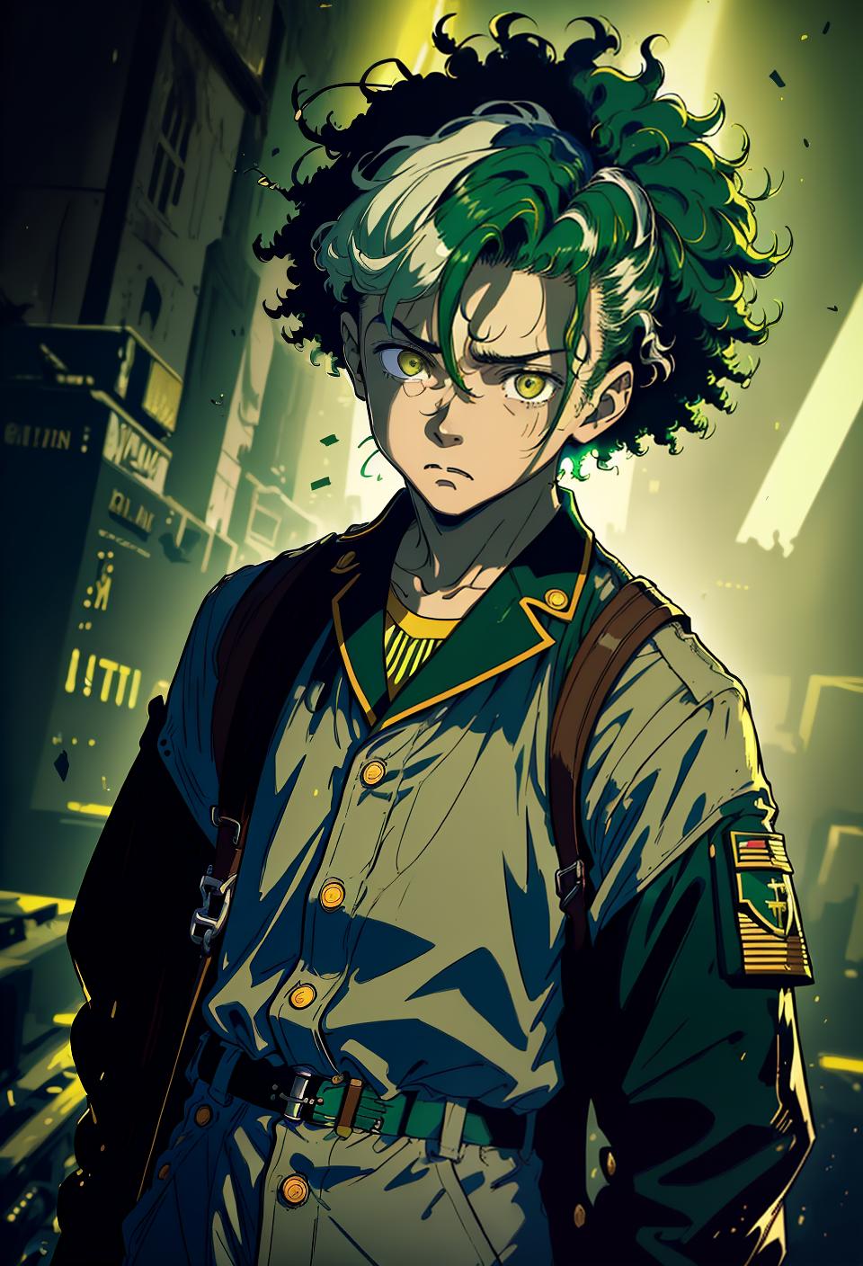  ((trending, highres, masterpiece, cinematic shot)), 1boy, young, male World War II outfit, techno scene, long messy dark green hair, afro, narrow yellow eyes, dumb, airheaded personality, sad expression, fair skin, chaotic, toned