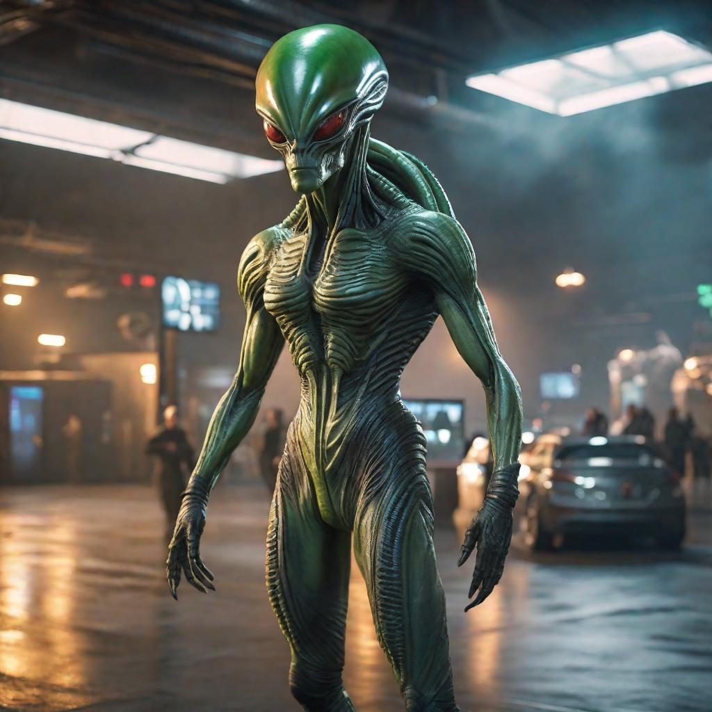  Alien from Area 51 hyperrealistic, full body, detailed clothing, highly detailed, cinematic lighting, stunningly beautiful, intricate, sharp focus, f/1. 8, 85mm, (centered image composition), (professionally color graded), ((bright soft diffused light)), volumetric fog, trending on instagram, trending on tumblr, HDR 4K, 8K