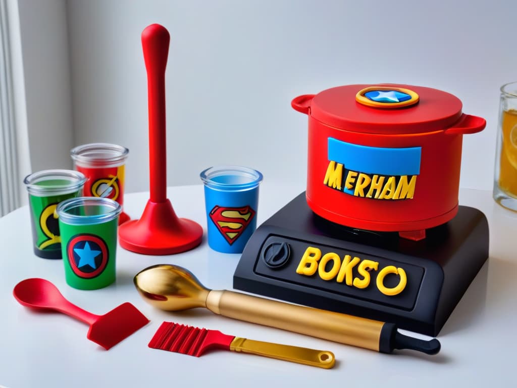  An ultradetailed image of a sleek, modern kitchen countertop adorned with an array of colorful, superherothemed baking tools and accessories. A glossy red stand mixer with gold accents prominently sits next to a set of vibrant silicone spatulas featuring iconic Marvel superhero logos. A stack of comic bookinspired measuring cups and a sleek black rolling pin with engraved superhero emblems complete the stylish and functional setup, exuding a sense of excitement and creativity for superherothemed baking adventures. hyperrealistic, full body, detailed clothing, highly detailed, cinematic lighting, stunningly beautiful, intricate, sharp focus, f/1. 8, 85mm, (centered image composition), (professionally color graded), ((bright soft diffused light)), volumetric fog, trending on instagram, trending on tumblr, HDR 4K, 8K