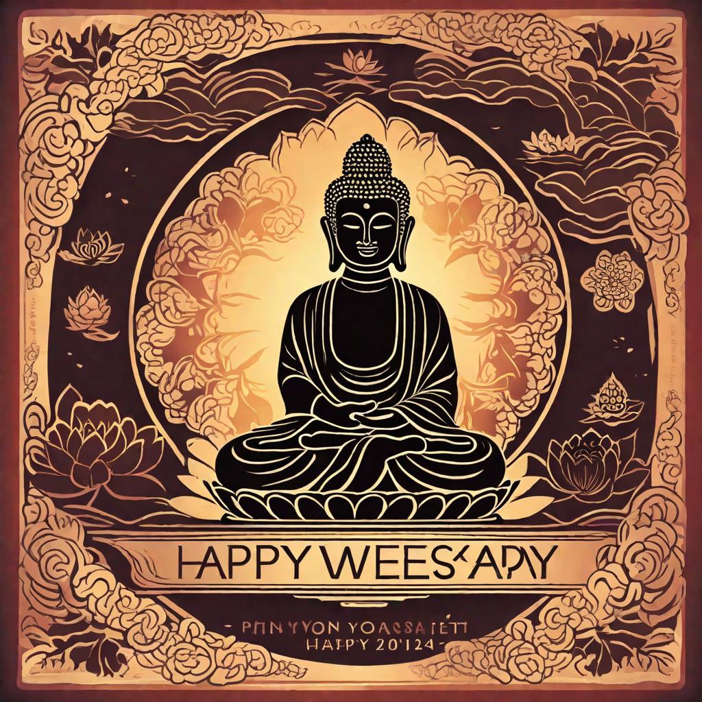  masterpiece, best quality, Happy wesak day poster with a silhouette of Buddha. Include candle with lotus. Calming colours Include text that says happy wesak day 2024