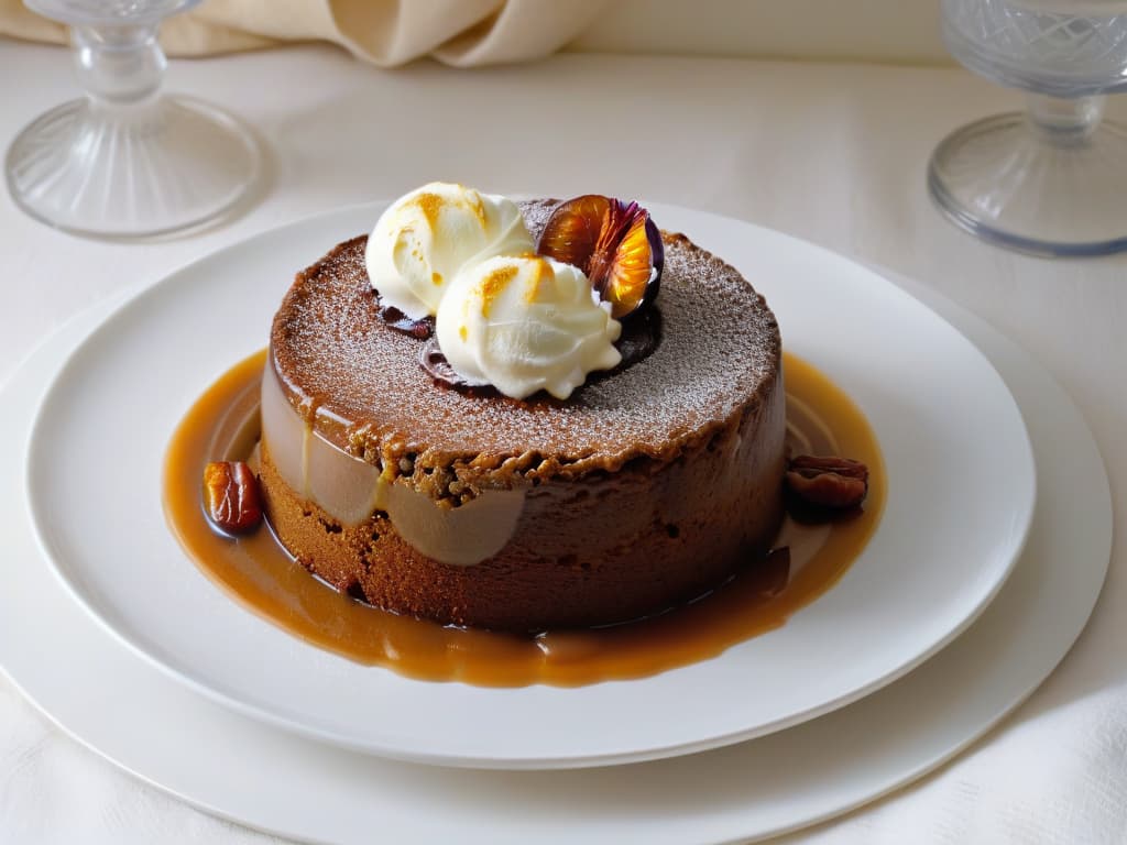  A closeup, ultradetailed image of a freshly baked Sticky Date Pudding, topped with a dollop of creamy vanilla ice cream melting slightly on the warm dessert, with steam rising elegantly from the pudding, highlighting the rich, gooey texture of the dates and the goldenbrown caramelized exterior. The dessert is presented on a sleek, modern white plate with a subtle, sophisticated backdrop, emphasizing the simplicity and elegance of this classic dessert. hyperrealistic, full body, detailed clothing, highly detailed, cinematic lighting, stunningly beautiful, intricate, sharp focus, f/1. 8, 85mm, (centered image composition), (professionally color graded), ((bright soft diffused light)), volumetric fog, trending on instagram, trending on tumblr, HDR 4K, 8K