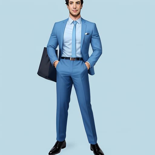  Generates a handsome, stylish business standing male figure with a light blue background fill,