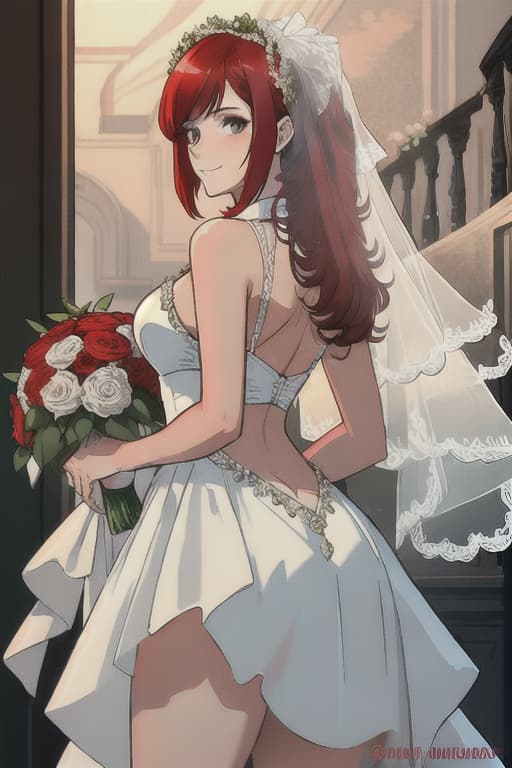  (Masterpiece, highest quality), (((red short -haired bride & bride of long hair))) 1.5, ((ass between the buttocks)), (Connect Butt to Buttt), ((Bride wedding, wedding wedding, wedding dress) )),smile