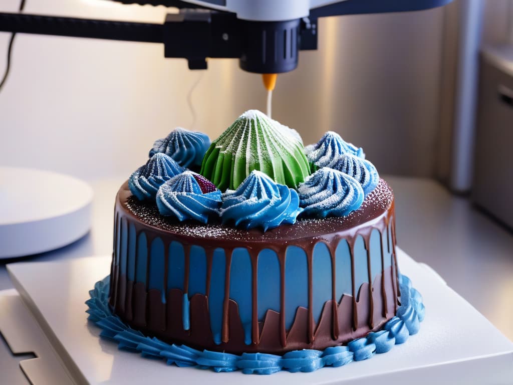  A beautifully intricate, photorealistic image of a 3D printer in action, meticulously crafting a personalized and detailed pastry masterpiece. The printer is delicately layering vibrant colored icing onto a cake, showcasing the advanced technology behind custom 3Dprinted pastries. The scene is set in a sleek, modern bakery with soft lighting that highlights the precision and artistry of the process, creating a visually captivating and inspiring visual representation of the future of personalized pastry. hyperrealistic, full body, detailed clothing, highly detailed, cinematic lighting, stunningly beautiful, intricate, sharp focus, f/1. 8, 85mm, (centered image composition), (professionally color graded), ((bright soft diffused light)), volumetric fog, trending on instagram, trending on tumblr, HDR 4K, 8K