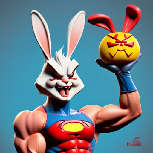  A funny rabbit as a superhero character with a very crazy, funny face and muscles