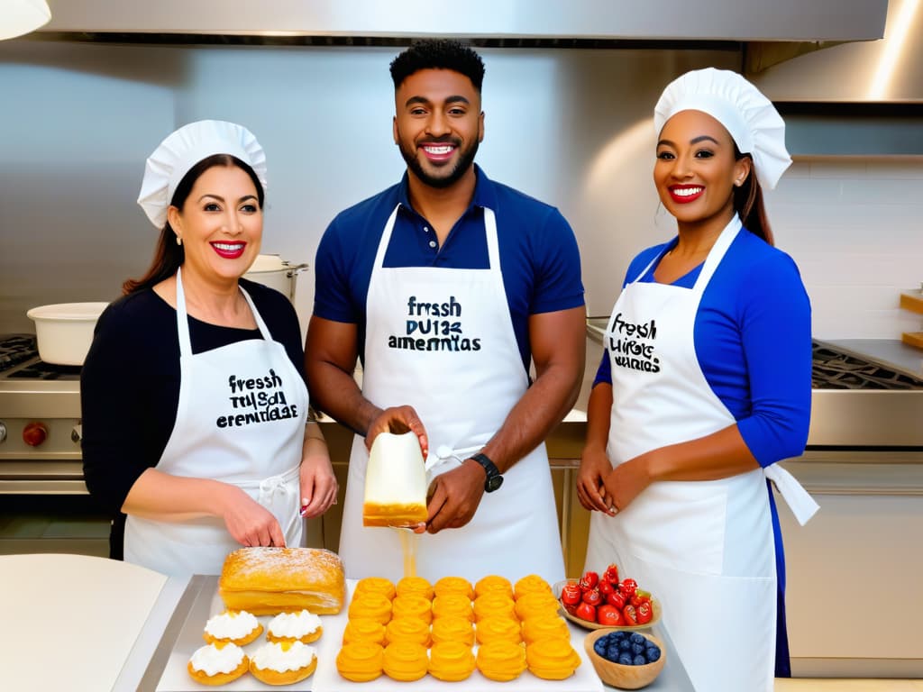  A photorealistic image of a diverse group of people of different ages and ethnicities happily baking and decorating a variety of delicious pastries in a modern, wellequipped kitchen. Each person is wearing a white apron with the words "Recetas para intolerancias alimentarias" printed on it, showcasing a sense of inclusivity and teamwork. The kitchen is filled with an array of colorful ingredients, from fresh fruits to alternative flours, highlighting the versatility and creativity of allergenfriendly baking. The warm, inviting atmosphere conveys a sense of community and joy in creating delectable treats suitable for everyone. hyperrealistic, full body, detailed clothing, highly detailed, cinematic lighting, stunningly beautiful, intricate, sharp focus, f/1. 8, 85mm, (centered image composition), (professionally color graded), ((bright soft diffused light)), volumetric fog, trending on instagram, trending on tumblr, HDR 4K, 8K