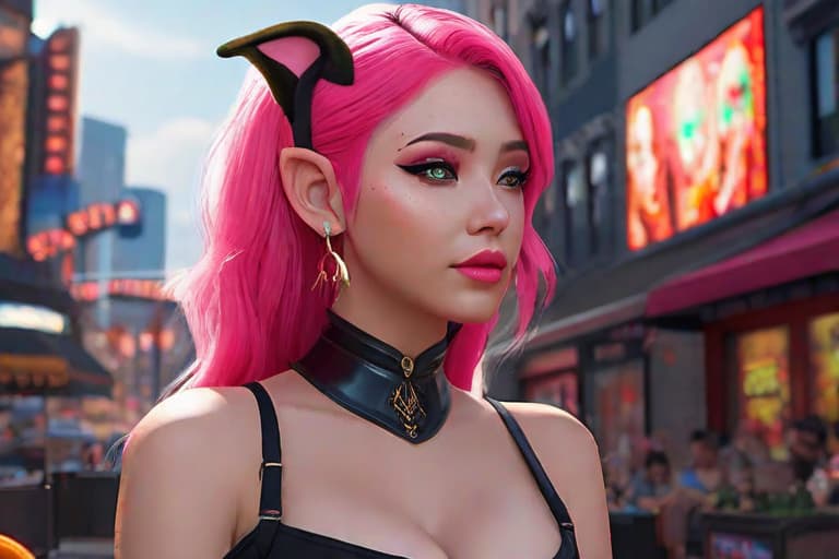  a girl with bright pink hair, she has elf ears, she has bright red eyes, bright red lips, she has big, rosy cheeks, she's wearing a black off-the-shoulder top and a pink, and there's a neon city around her., cute, hyper detail, full HD hyperrealistic, full body, detailed clothing, highly detailed, cinematic lighting, stunningly beautiful, intricate, sharp focus, f/1. 8, 85mm, (centered image composition), (professionally color graded), ((bright soft diffused light)), volumetric fog, trending on instagram, trending on tumblr, HDR 4K, 8K