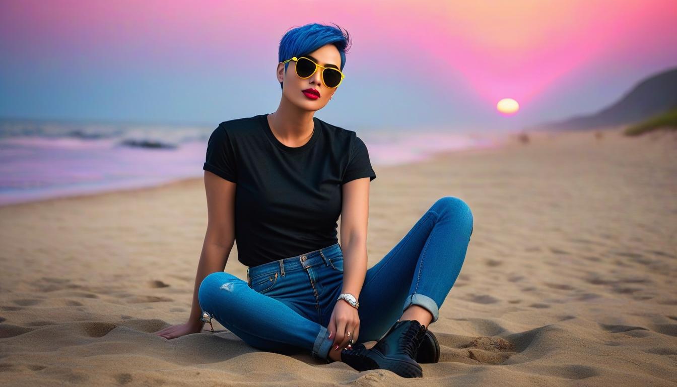  Girl. Short blue hair. yellow aviator sunglasses. pink lips. black t shirt. old shabby jeans. sitting on the beach. on the sand. sunset. ocean..full body.neon. evening..cinematic.Ultra realistic. 3D . Epic. high detail. perfect lighting. perfect contrast. perfect composition hyperrealistic, full body, detailed clothing, highly detailed, cinematic lighting, stunningly beautiful, intricate, sharp focus, f/1. 8, 85mm, (centered image composition), (professionally color graded), ((bright soft diffused light)), volumetric fog, trending on instagram, trending on tumblr, HDR 4K, 8K