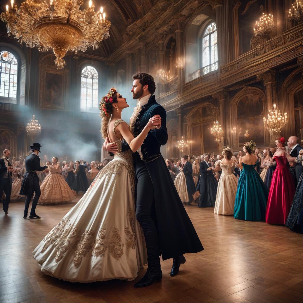  A young couple at a ball in masquerade masks whirling to the rhythm of a waltz, Baroque and Renaissance clothes. In a huge hall with high ceilings . The surprised audience applauds them . High detail. High quality. HDR hyperrealistic, full body, detailed clothing, highly detailed, cinematic lighting, stunningly beautiful, intricate, sharp focus, f/1. 8, 85mm, (centered image composition), (professionally color graded), ((bright soft diffused light)), volumetric fog, trending on instagram, trending on tumblr, HDR 4K, 8K