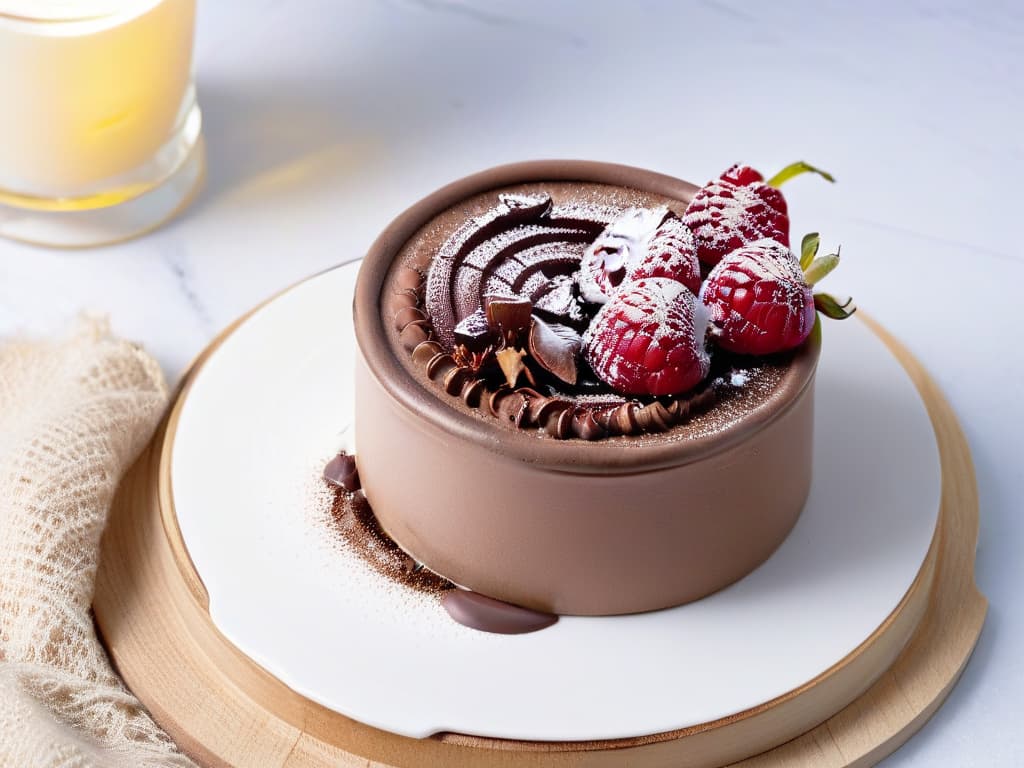  A minimalist, highresolution image of a decadent and creamy chocolate mousse, topped with fresh raspberries and a sprinkle of cocoa powder, presented elegantly in a glass dessert cup on a marble countertop. The rich texture of the mousse is visible, inviting the viewer to indulge in this healthy chocolate treat. hyperrealistic, full body, detailed clothing, highly detailed, cinematic lighting, stunningly beautiful, intricate, sharp focus, f/1. 8, 85mm, (centered image composition), (professionally color graded), ((bright soft diffused light)), volumetric fog, trending on instagram, trending on tumblr, HDR 4K, 8K