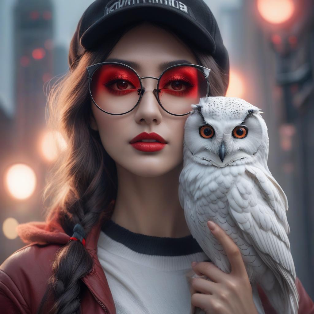  A girl with red glasses and a black cap is holding a white owl on her shoulders. hyperrealistic, full body, detailed clothing, highly detailed, cinematic lighting, stunningly beautiful, intricate, sharp focus, f/1. 8, 85mm, (centered image composition), (professionally color graded), ((bright soft diffused light)), volumetric fog, trending on instagram, trending on tumblr, HDR 4K, 8K